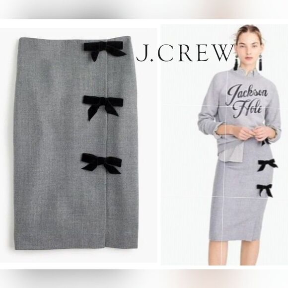 Jcrew Nwot grey Double Serge 💯 Wool Pencil Skirt with velvet bows size 2 - Picture 1 of 12